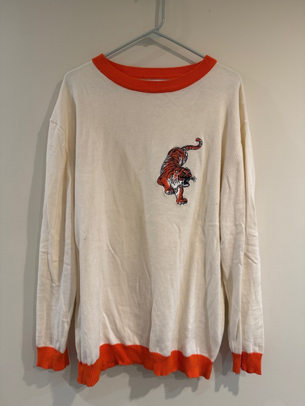 Cream Crewneck Sweater with Orange Trim and Tiger Embroidery